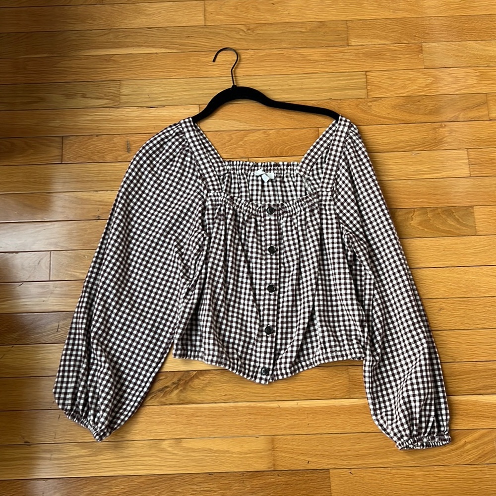 Madewell puff sleeve button front brown gingham top, size S, like new